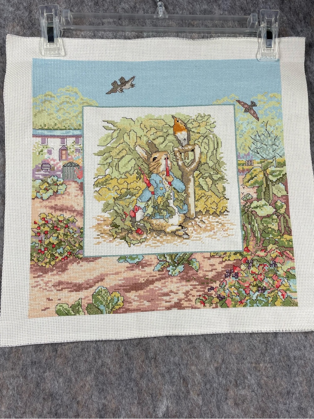 Handmade Completed Unframed Peter Rabbit Garden Scene Cross Stitch Home/Nursery